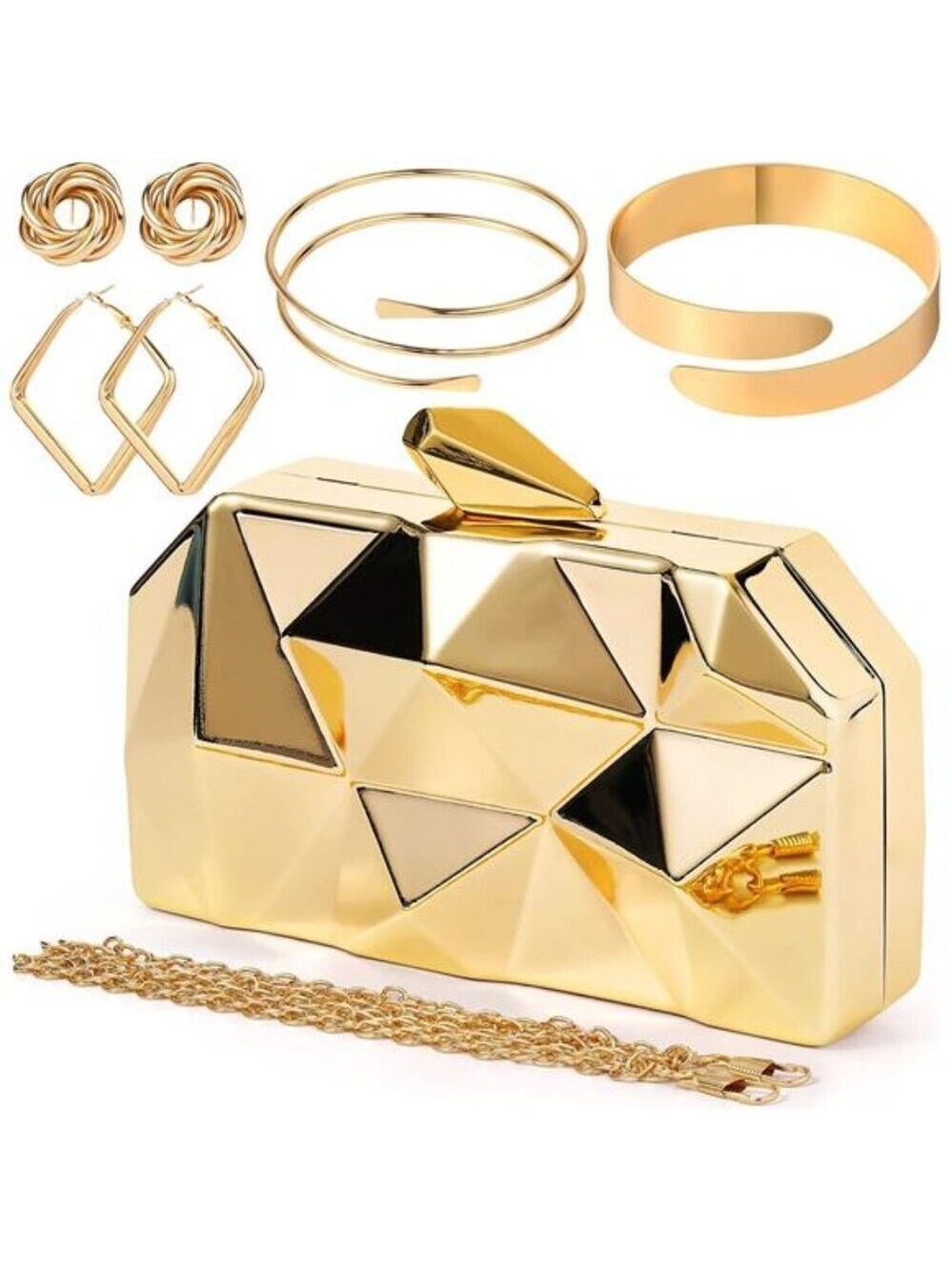 Gold Evening Clutch Purse Metallic Handbag Wedding Prom Party Bag Jewelry Set